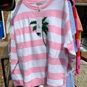 Pink and White Striped  Sweater with Palm Tree Design Lilly